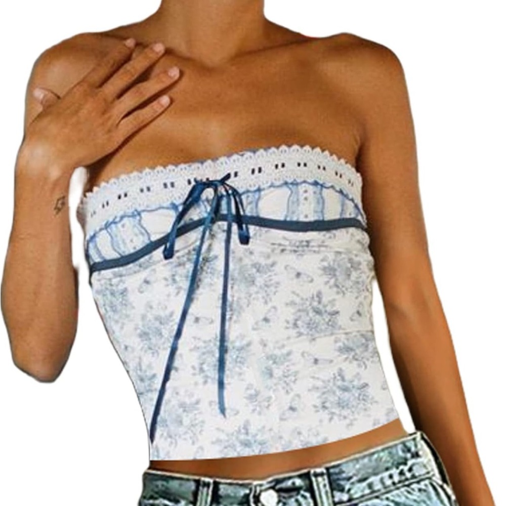 Blue and White Pattern Tube Top